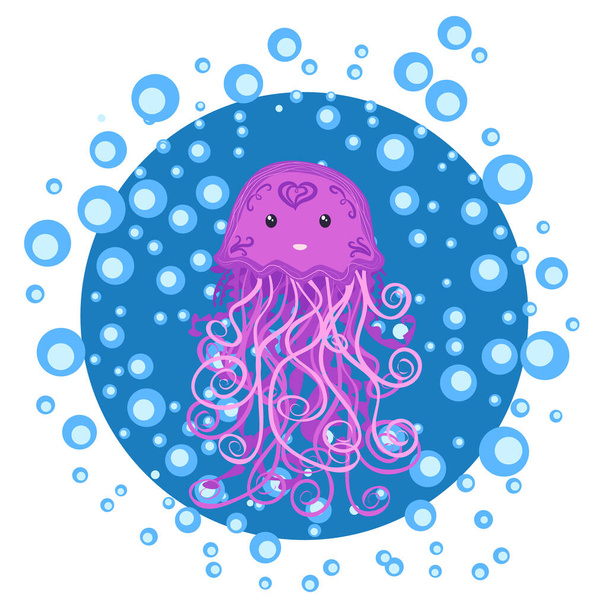 Funny jellyfish hand drawn among water bubbles. Cute marine life, Scandinavian style, detailed. - Vektor, Bild