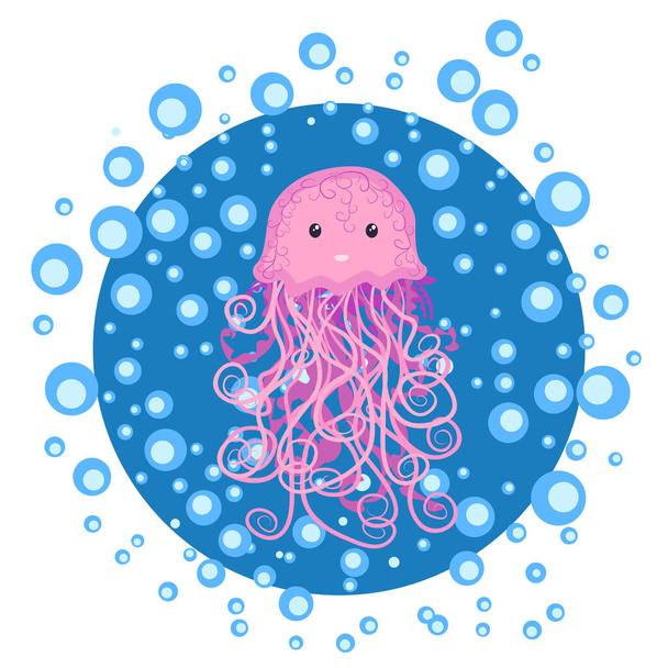 Funny jellyfish hand drawn among water bubbles. Cute marine life, Scandinavian style, detailed. - Vecteur, image