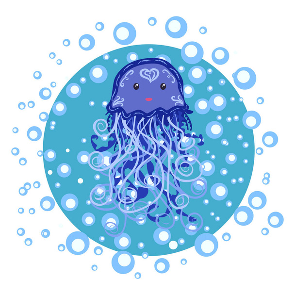 Funny jellyfish hand drawn among water bubbles. Cute marine life, Scandinavian style, detailed. - Vektör, Görsel