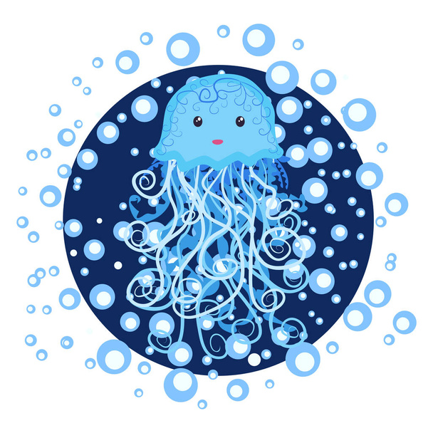 Funny jellyfish hand drawn among water bubbles. Cute marine life, Scandinavian style, detailed. - ベクター画像