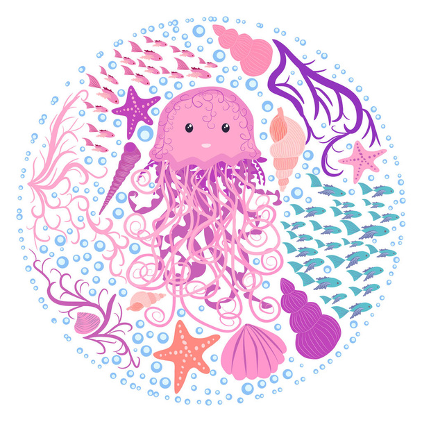 Funny jellyfish hand-drawn among seashells, algae, fish. Cute marine life, Scandinavian style, detailed. - Вектор,изображение