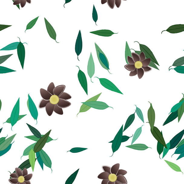 Basit renkli çiçeklerle kusursuz desen ve duvar kağıdı için yeşil yapraklar, vektör illüstrasyonu - Vektör, Görsel