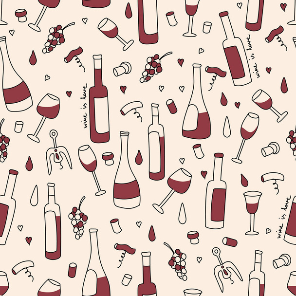 Vector seamless pattern in doodle style. Red wine, glass, corkscrew. For printing paper, textiles, design. - Vector, Image