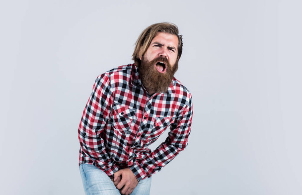 suffering from pain in scrotum brutal bearded man wear checkered shirt having lush beard and moustache, male health - 写真・画像