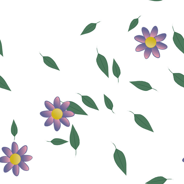 seamless pattern with simple colorful flowers and green leaves for wallpaper, vector illustration - Vector, Image