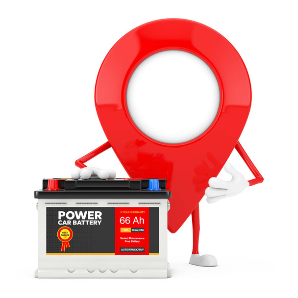 Map Pointer Pin Character Mascot and Rechargeable Car Battery 12V Accumulator with Abstract Label on a yellow background. 3d Rendering - Photo, Image
