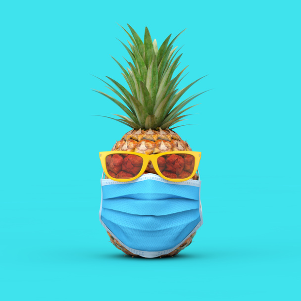 Fun Cartoon Fashion Hipster Cut Ananas Charakter se žlutými slunečními brýlemi a lékařskou ochrannou maskou pro prevenci koronaviru COVID19 na modrém pozadí. 3D vykreslování - Fotografie, Obrázek