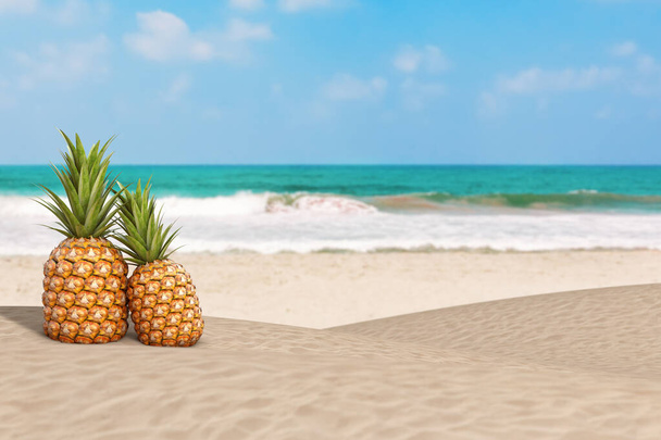 Tuore kypsä trooppinen terveellinen ravitsemus ananas hedelmät valtamerellä tai meren hiekkarannalla äärimmäinen lähikuva. 3d renderöinti - Valokuva, kuva