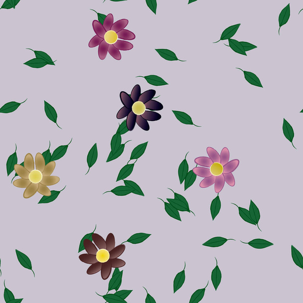 free composition with simple colorful flowers and green leaves for wallpaper, vector illustration - Vector, Imagen