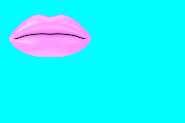 Weibliche Lippen mit rosa Lippenstift in Kiss-Geste im Duotone-Stil auf blauem Hintergrund. 3D-Darstellung - Foto, Bild
