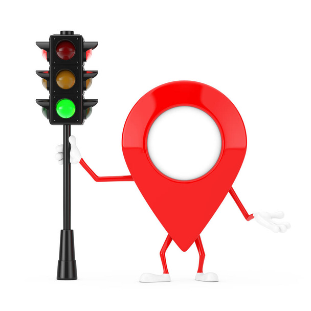 Map Pointer Pin Character Mascot mit Ampel auf weißem Hintergrund. 3D-Darstellung - Foto, Bild