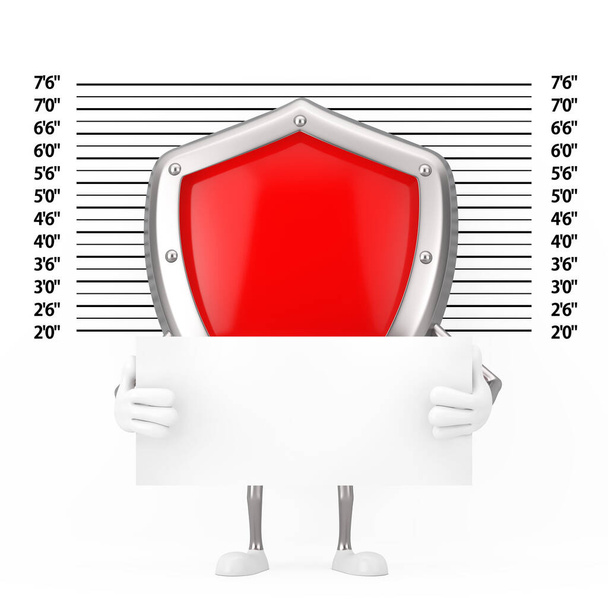 Red Metal Protection Shield Character Mascot com placa de identificação na frente da linha de polícia ou Mugshot Background extremo closeup. Renderização 3d - Foto, Imagem