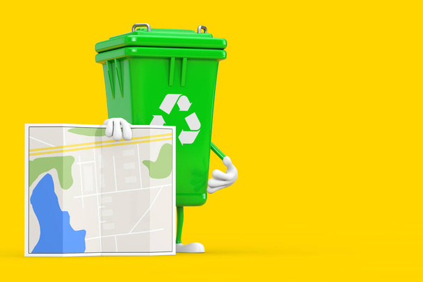 Recycle Sign Verde Lixo Lixo Bin Character Mascote com Abstract City Plan Map em um fundo amarelo. Renderização 3d - Foto, Imagem