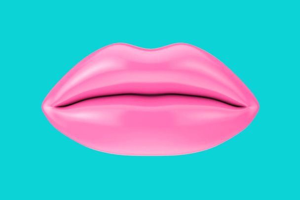 Female Lips met Pink Lipstick in Kiss Gesture als Duotone Style op een blauwe achtergrond. 3d Rendering - Foto, afbeelding