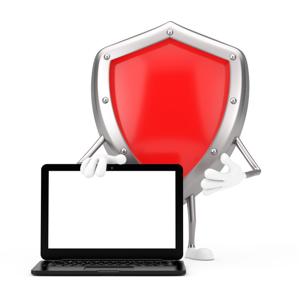 Красный металл Защитный щит символа талисман с современными ноутбука компьютера ноутбука и пустой экран для вашего дизайна на белом фоне. 3D-рендеринг - Фото, изображение