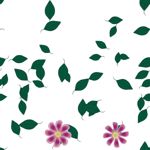 naadloos patroon met eenvoudige kleurrijke bloemen en groene bladeren voor behang, vector illustratie - Vector, afbeelding