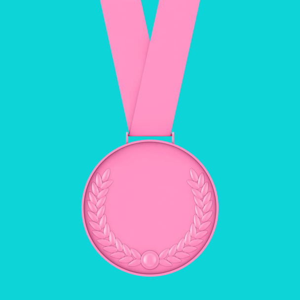 Pink Medal met Laurel Wreath in Duotone Style op een blauwe achtergrond. 3d Rendering - Foto, afbeelding