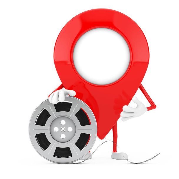 Map Pointer Pin Character Mascot with Film Reel Cinema Tape on a white background. 3d Rendering - Photo, Image