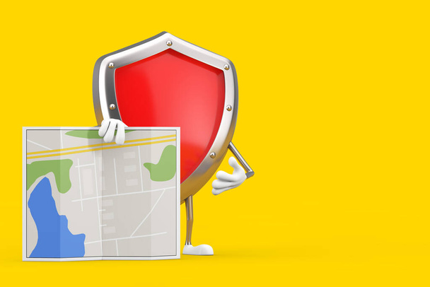 Red Metal Protection Shield Character Mascot with Abstract City Plan Χάρτης σε κίτρινο φόντο. 3d απόδοση - Φωτογραφία, εικόνα