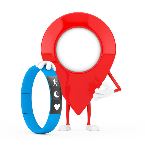 Mapa Puntero Pin Personaje Mascota con Blue Fitness Tracker sobre un fondo blanco. Renderizado 3d - Foto, imagen