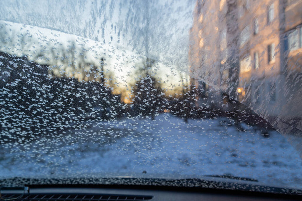 parabrisas del coche de la mañana con heladas y copos de nieve, vista desde el interior - Foto, Imagen