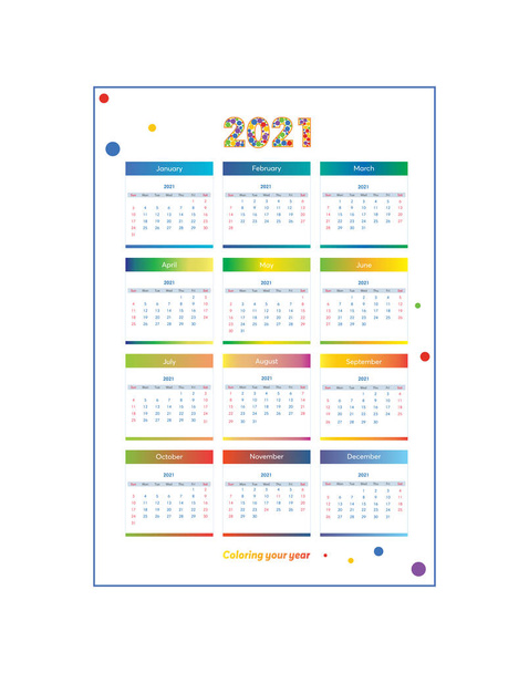 Calendario para 2021 con colores alegres y brillantes. Conveniente para personas de los Estados Unidos y Canadá. - Vector, imagen