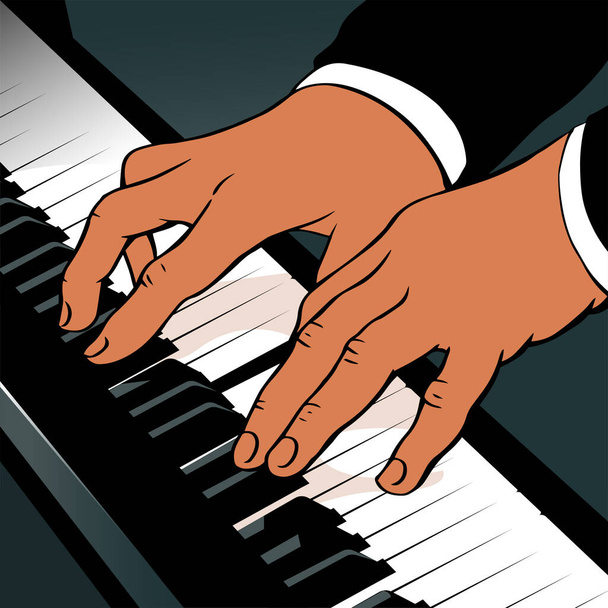 Las manos masculinas tocan teclas de piano. Vista cercana. El compositor interpreta música clásica. Ilustración vectorial en estilo de arte pop retro. - Vector, Imagen