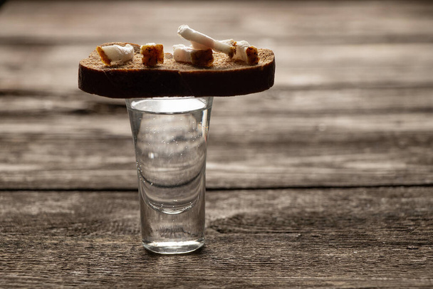 sklenice vodky vedle kusu černého chleba se slaninou na dřevěném stole v kuchyni k obědu v ukrajinštině - Fotografie, Obrázek