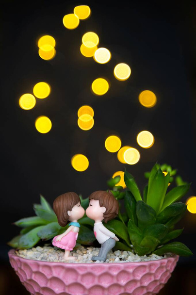 女の子と男の子のキスや愛の多肉植物やミニ彫刻の構成。暗い背景に黄色のボケ。俺のバレンタインだ。バレンタインデー - 写真・画像