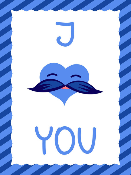 Ystävänpäiväkortti. Sarjakuva mies sininen sydän viikset taustalla diaonal raidat ja kirjoitus rakastan sinua - Vektori, kuva