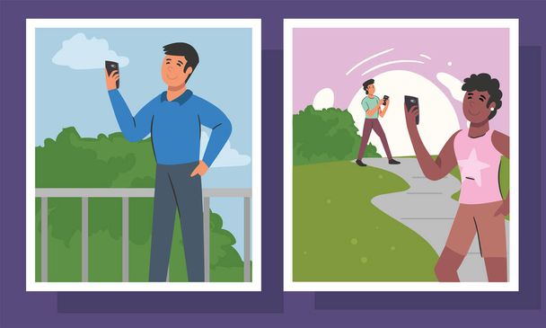 people with smartphone at park in frames vector design - Vector, Image