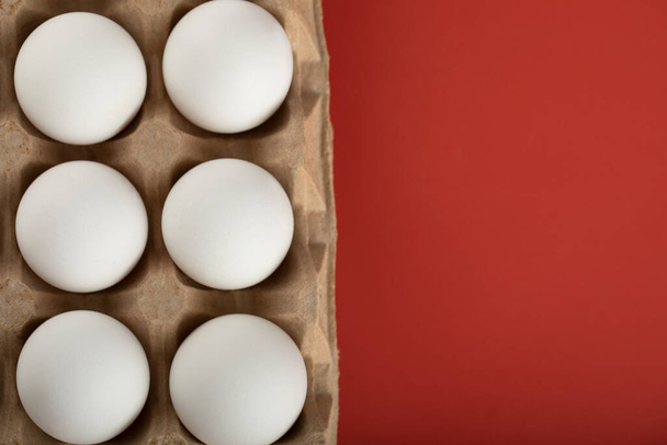 Contenedor de huevos blancos sobre fondo rojo - Foto, imagen