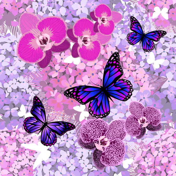 穏やかな紫色のヴィンテージ植物アジサイと蝶とシームレスな背景。美しい蘭だ。植物ベクターイラスト - ベクター画像