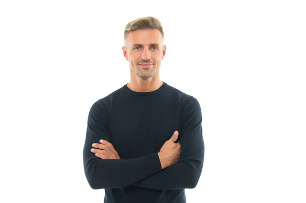 good looking guy isolated on white. male fashion style. mens beauty. mature handsome man with hairstyle. hairdresser concept. confident businessman wearing casual. confidence - Fotoğraf, Görsel
