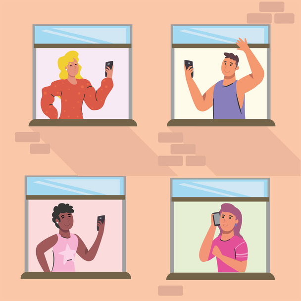 άτομα με smartphone στο σχεδιασμό διάνυσμα παράθυρα κτίριο - Διάνυσμα, εικόνα