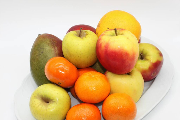 tray of assorted colorful fruits isolated on white background - Photo, Image