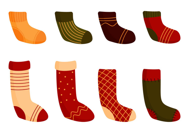 Lapos színű karácsonyi zokni hangulatos téli vektor készlet - Vektor, kép