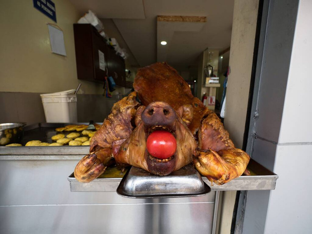 Gehele gegrilde gefrituurde varkenskop met tomaat in de mond op de centrale voedselmarkt in Banos Ecuador - Foto, afbeelding