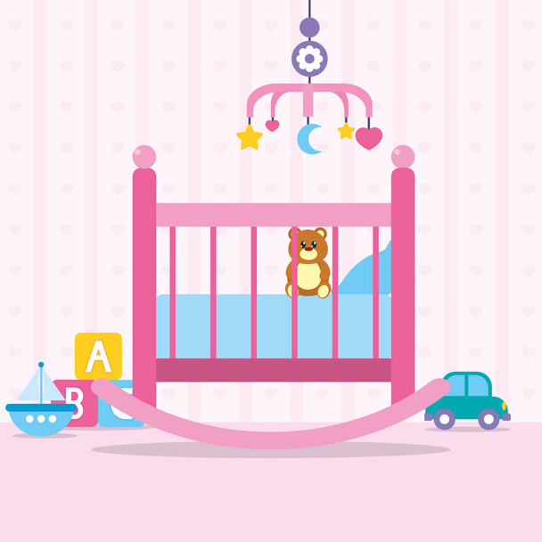 детская комната с детской кроваткой и игрушками вокруг, плоский стиль - Вектор,изображение