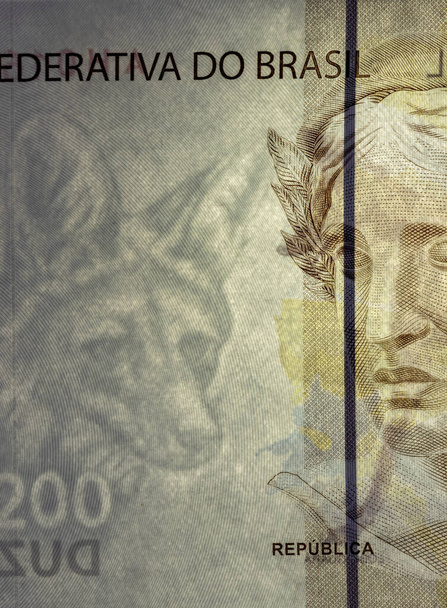 Кассиландия, Мату-ду-Сул, Бразилия - 2020 12 23: Макро-взгляд на детали нового бразильского банкнота в двести реалов, вошедшего в обращение - Фото, изображение