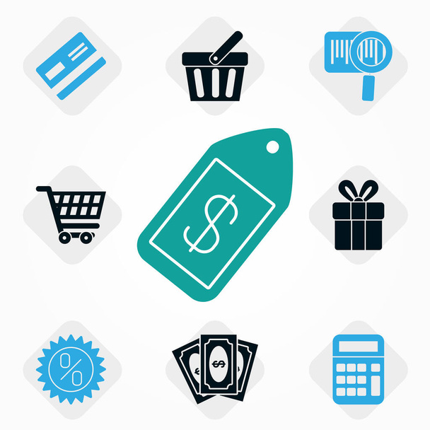 preço tag e compras ícones relacionados ao redor, estilo silhueta - Vetor, Imagem