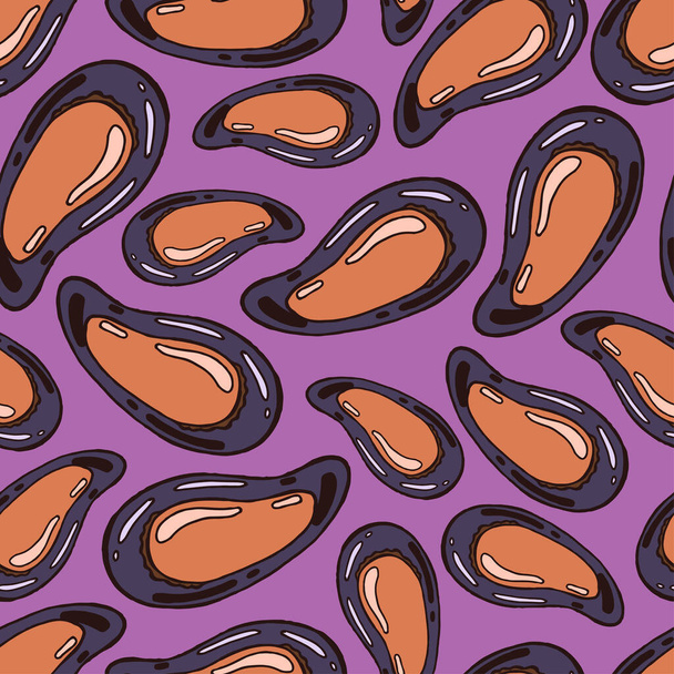 Nahtloser Hintergrund mit einem Muster von Hand gezeichnet frische offene Muschelschale mit Fleisch - Vektor, Bild