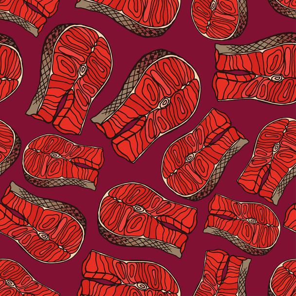 Naadloze achtergrond met een patroon van met de hand getekende vleesfilets van zalm in schubben - Vector, afbeelding