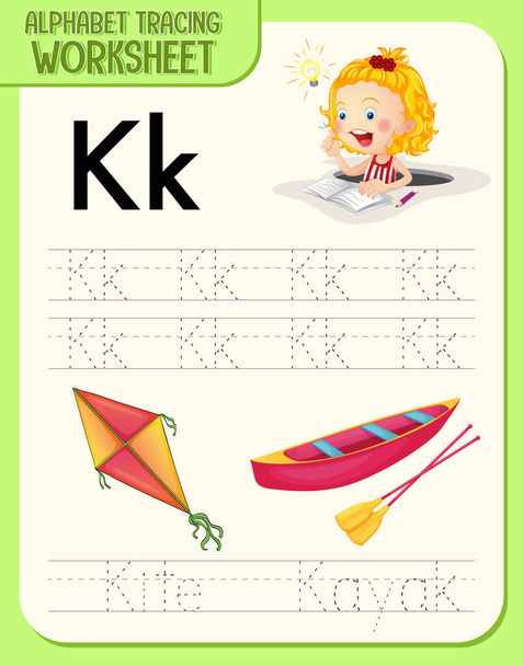 Hoja de trabajo de trazado del alfabeto con ilustración de letras y vocabulario - Vector, imagen