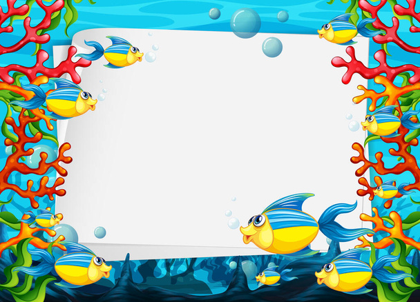 Leere Papierschablone mit exotischen Fischen Zeichentrickfigur in der Unterwasserszene Illustration - Vektor, Bild