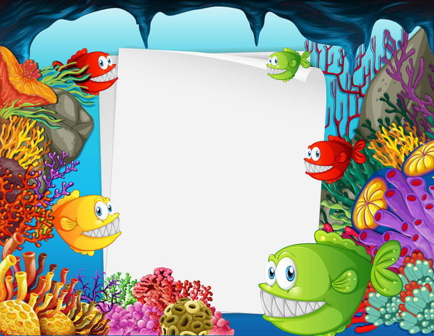 水中の背景イラストにエキゾチックな魚や海底の自然要素を持つブランクペーパーバナー - ベクター画像