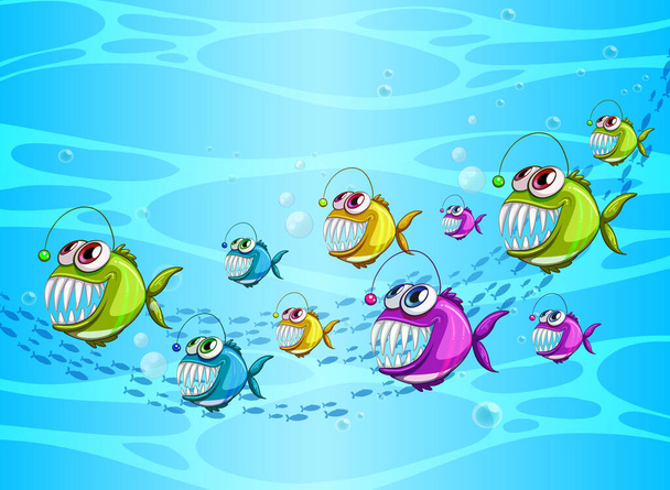 Многие экзотические рыбы мультяшный персонаж в подводной сцене иллюстрации - Вектор,изображение