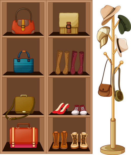 Bags and shoes on shelves with hat hanger on white background illustration - Vector, Image