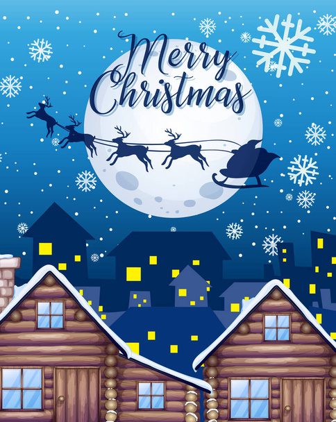 Merry Christmas font with Santa Claus and reindeer silhouette in the sky illustration - Vector, imagen