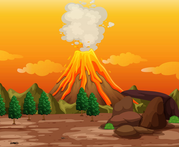 Erupción volcánica escena al aire libre fondo ilustración - Vector, imagen